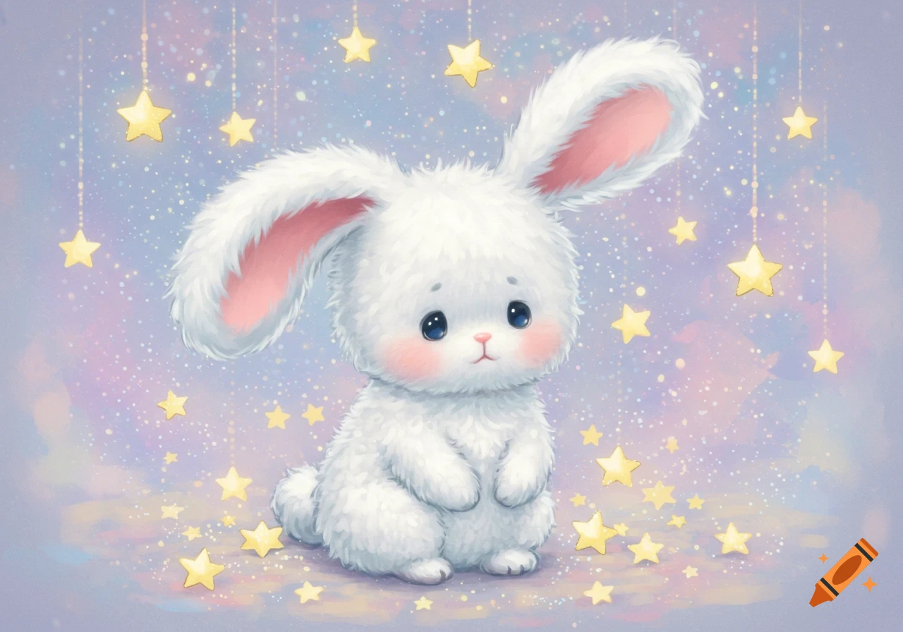 A fluffy white cartoon bunny with big pink ears, blue eyes, and rosy cheeks sits amidst falling golden stars on a pastel purple background.