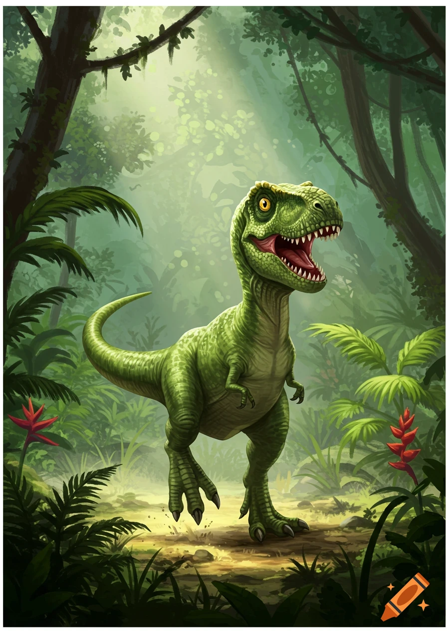 A happy, cartoon-style green T-Rex with its mouth open, joyfully prancing through a vibrant, sun-drenched jungle.