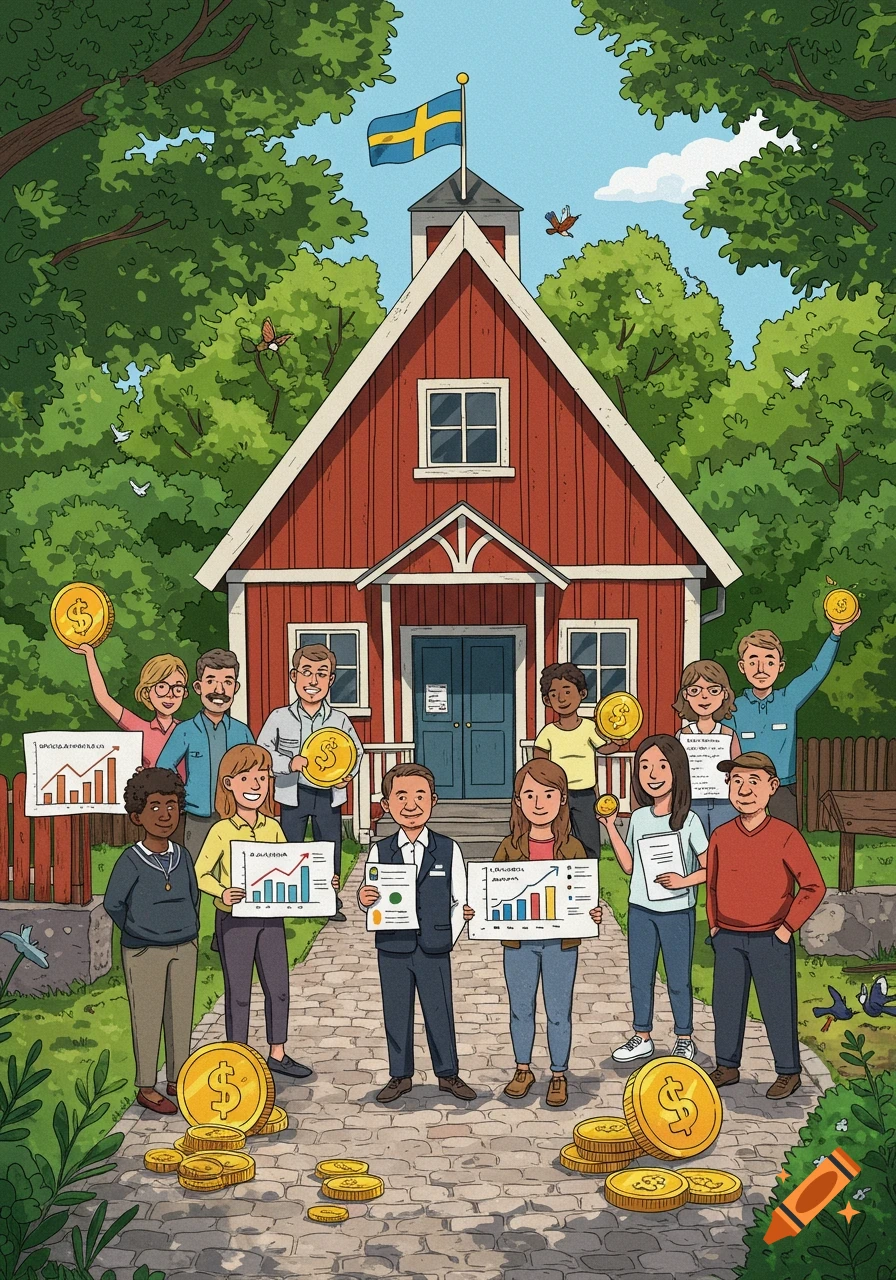 A friendly, colorful illustration of diverse employees smiling outside a Swedish municipal office, holding charts and golden coins.