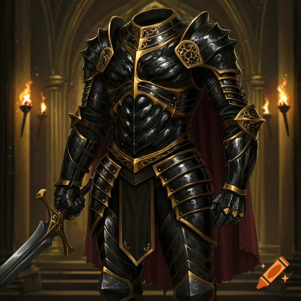 Detailed black and gold obsidian armor with a sword, standing in a torch-lit medieval hall.