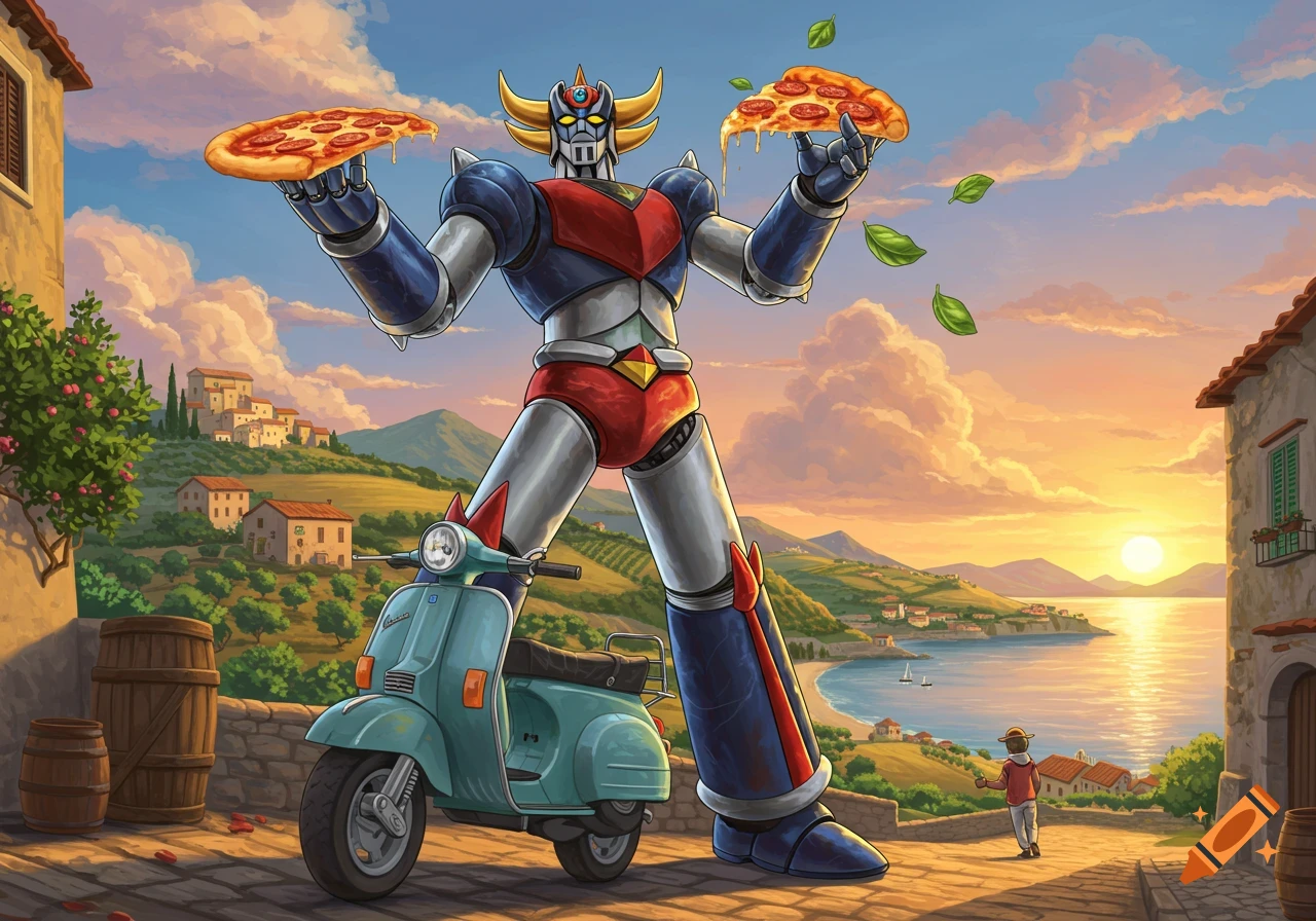 Giant Goldorak robot holds two pizzas while standing next to a blue scooter in a scenic Italian coastal village at sunset, cartoon style.