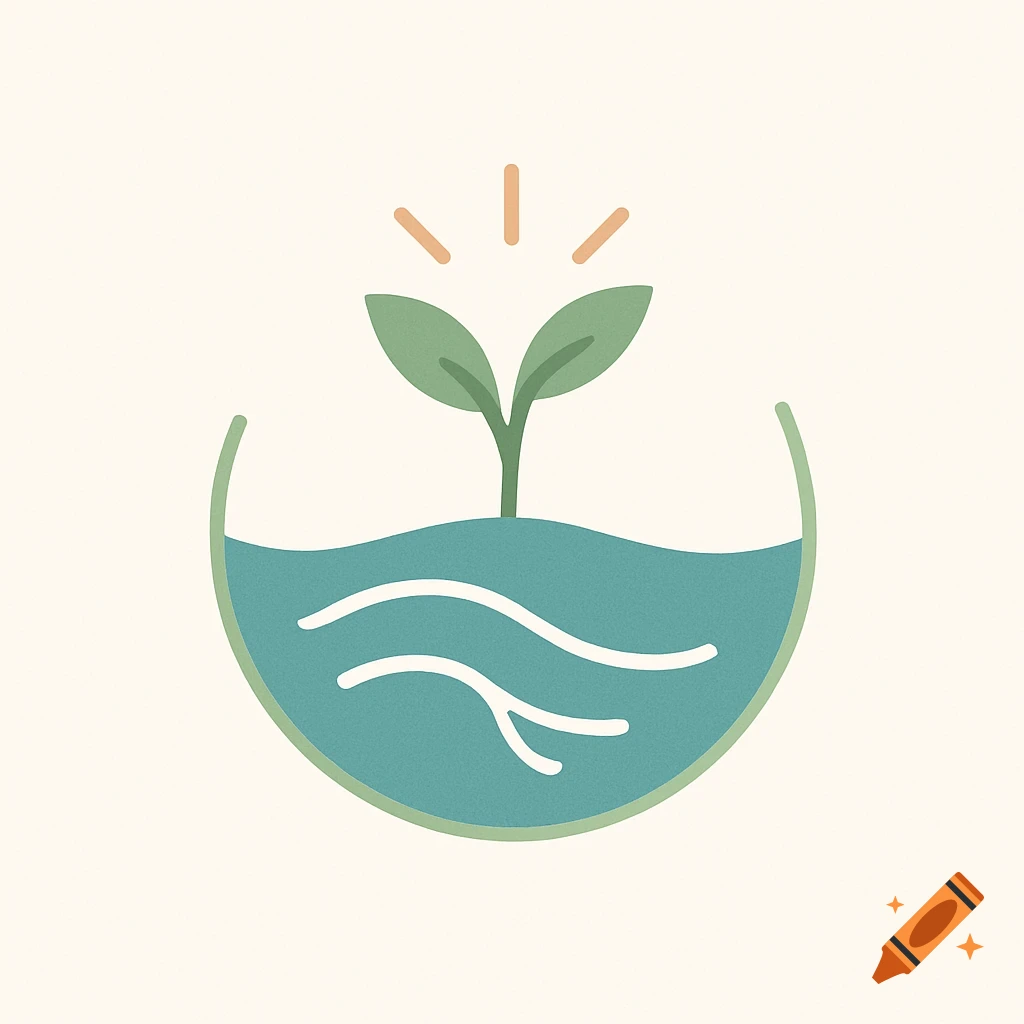Minimalist logo of a green plant sprout growing from blue water, with light rays above, in a flat vector style.