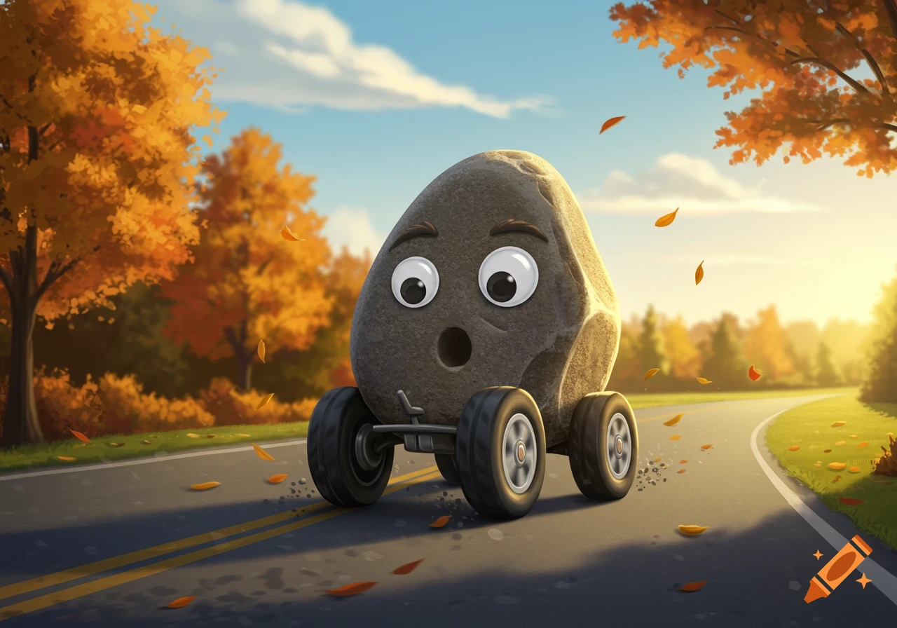 A cartoon rock with googly eyes and tires drives on an autumn road with falling leaves.