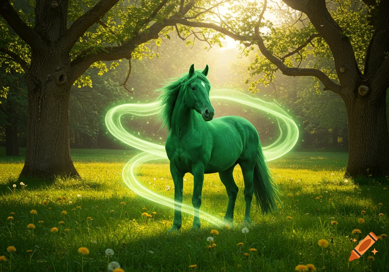 A vibrant green horse stands in a sunlit forest clearing, encircled by glowing green energy.