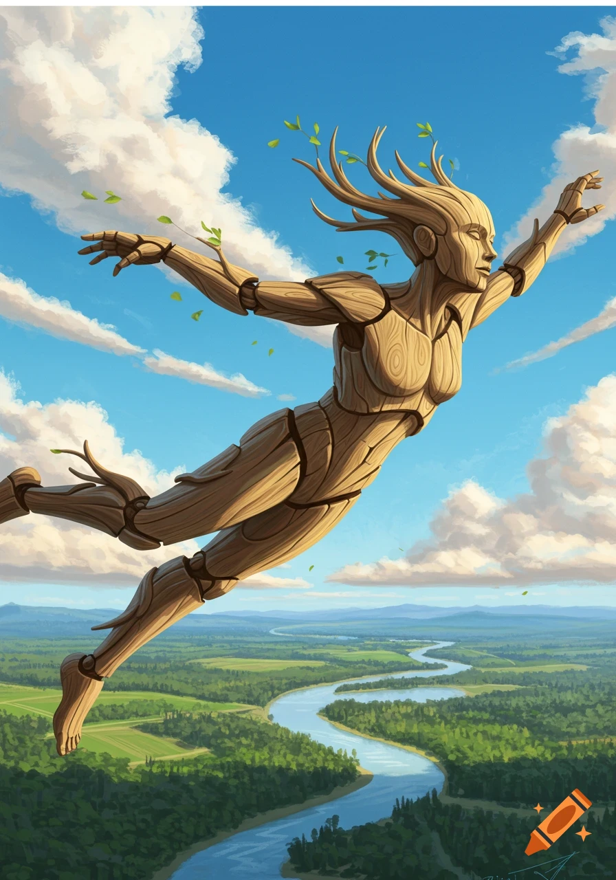 A stylized wooden figure with branches for hair and leaves on its arms flies over a vibrant green landscape with a winding river and fluffy clouds.