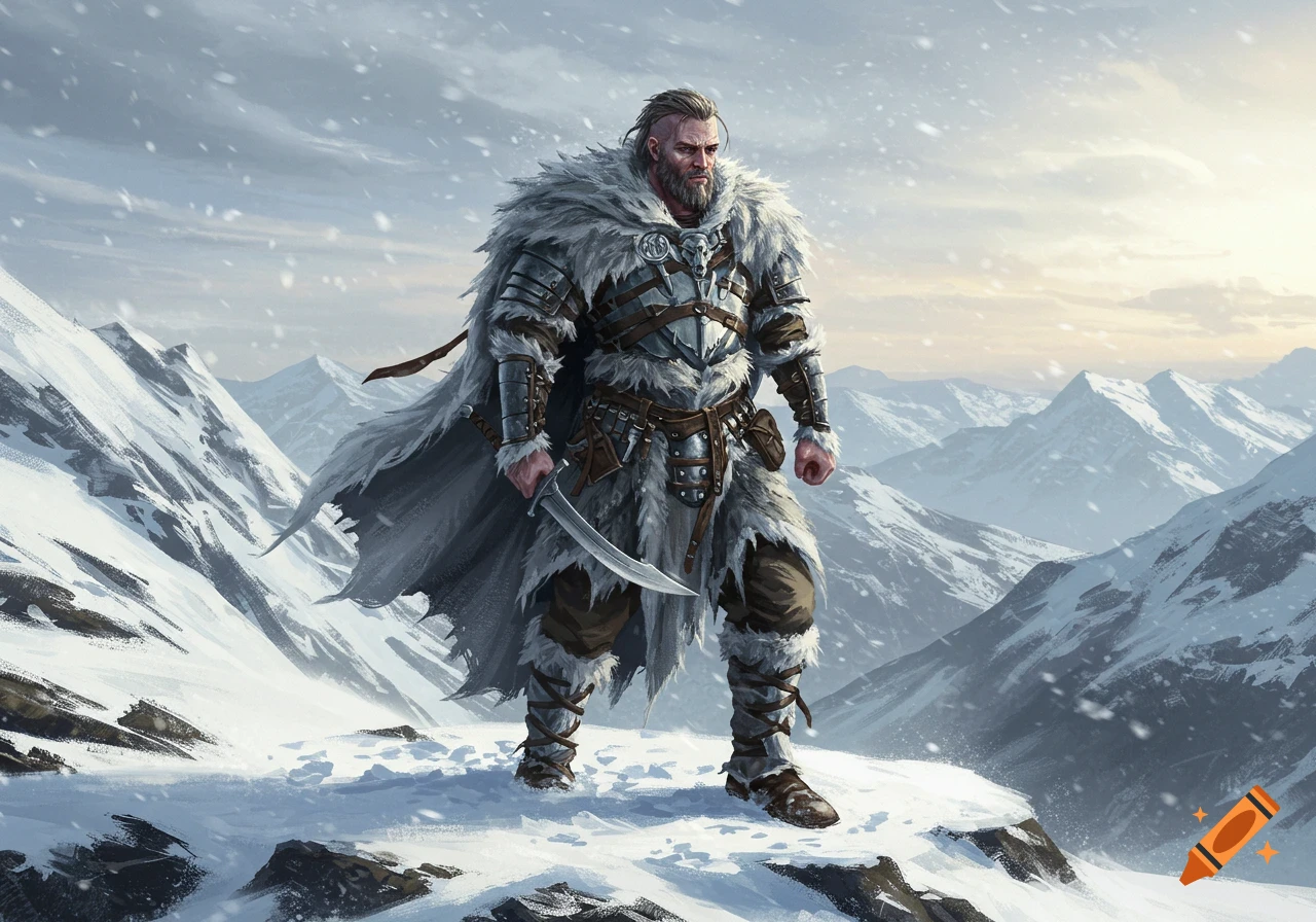 A fierce bearded warrior in fur and plate armor holds a dagger while standing on a snowy mountain peak under a cloudy sky.