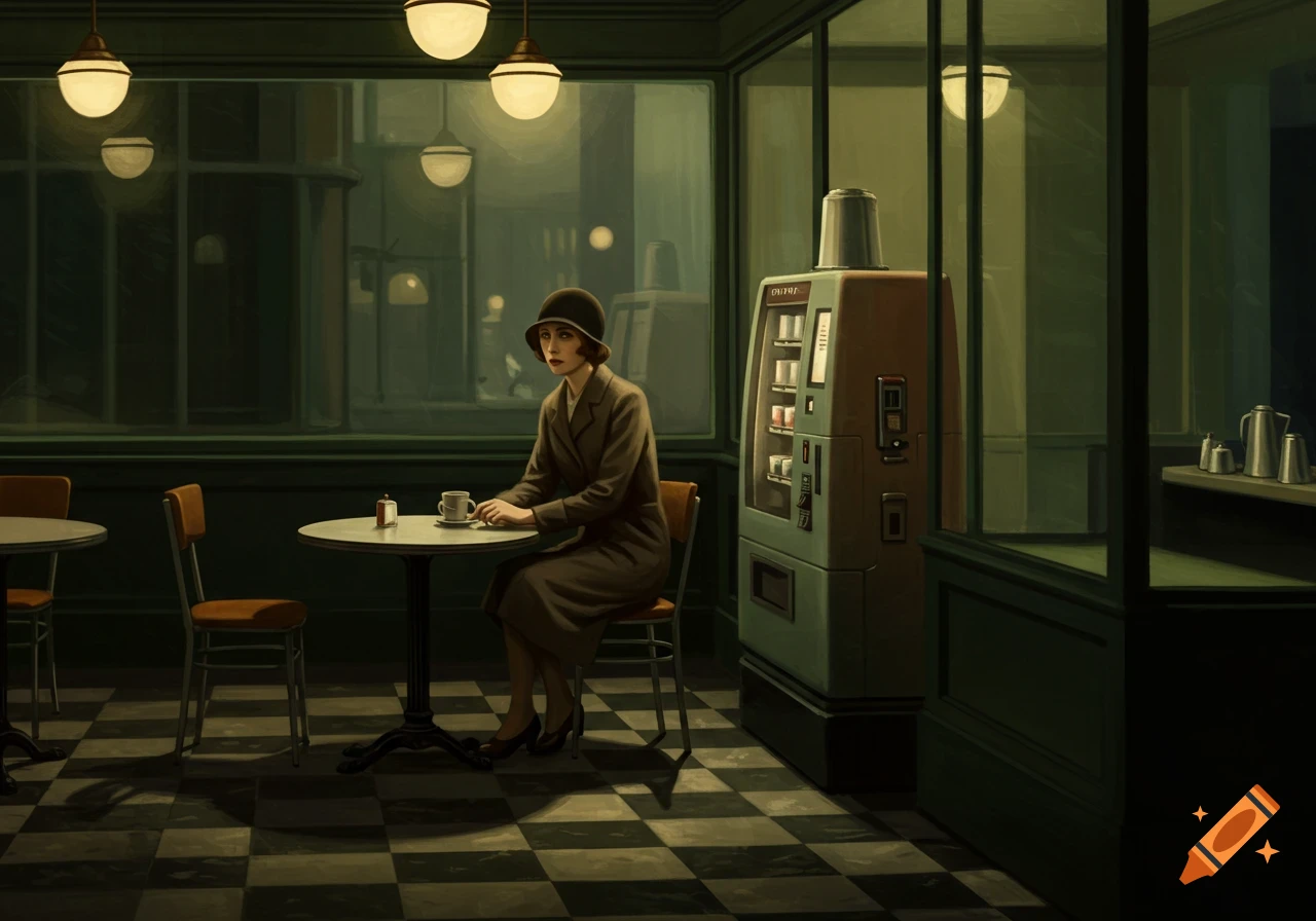 A woman in vintage attire sits at a cafe table with a cup, a vending machine to her right, in a muted, painterly style.