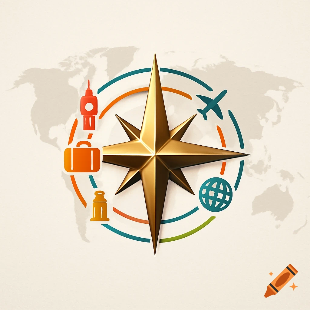 A golden compass rose at the center of a circular arrangement of travel icons, including a landmark, suitcase, airplane, and globe, over a world map background.