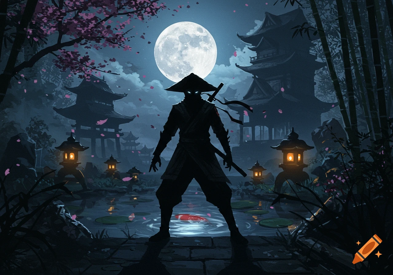 A silhouetted ninja stands under a full moon in a moody Japanese garden with pagodas, cherry blossoms, lanterns, and a pond, digital art.