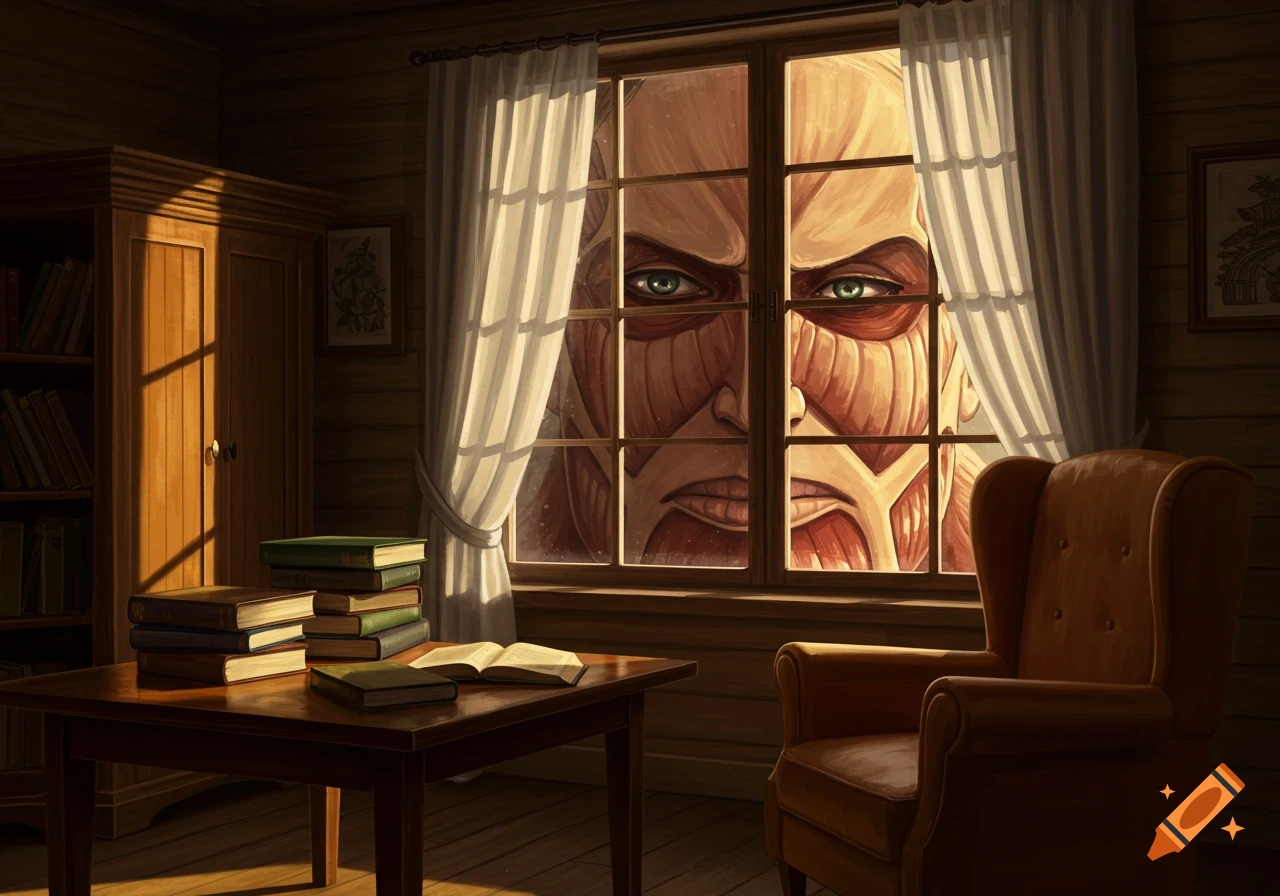 A giant, muscular Titan with piercing blue eyes peers through a window into a cozy, dimly lit room with a bookcase, table, and armchair.