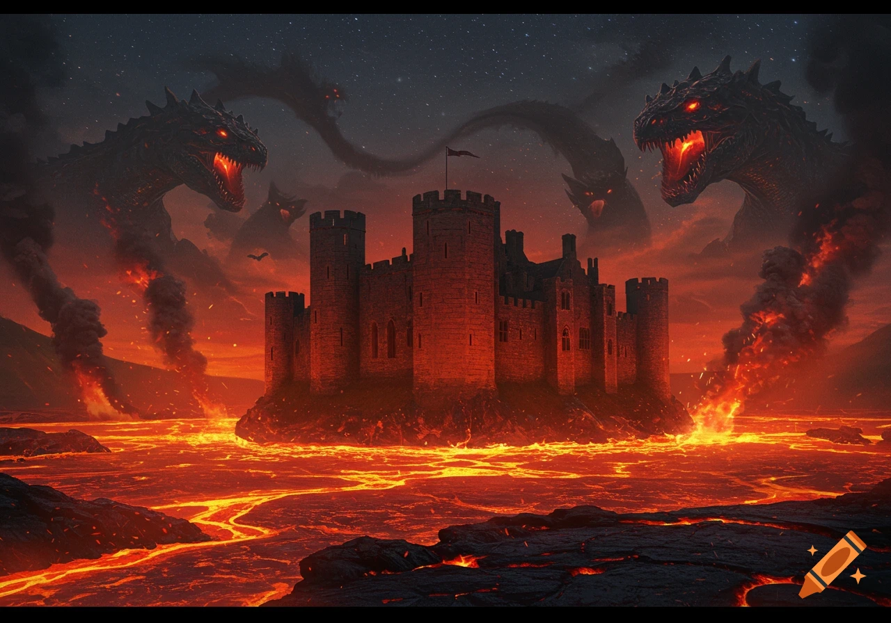 A dark fantasy castle surrounded by a lava moat, with menacing dragons looming in a star-filled sky.
