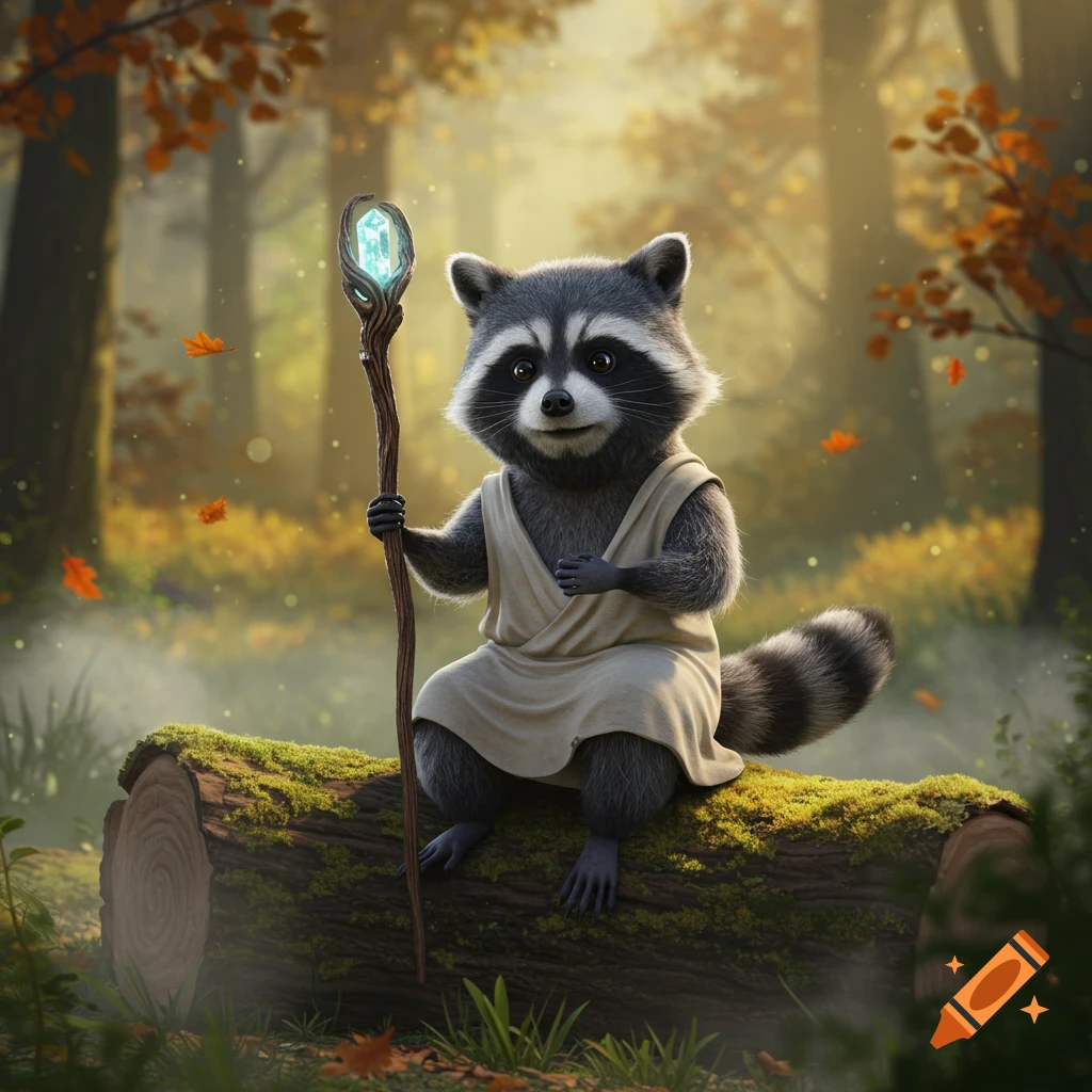 A cute, anthropomorphic raccoon wizard with a glowing staff sits on a mossy log in an autumn forest.