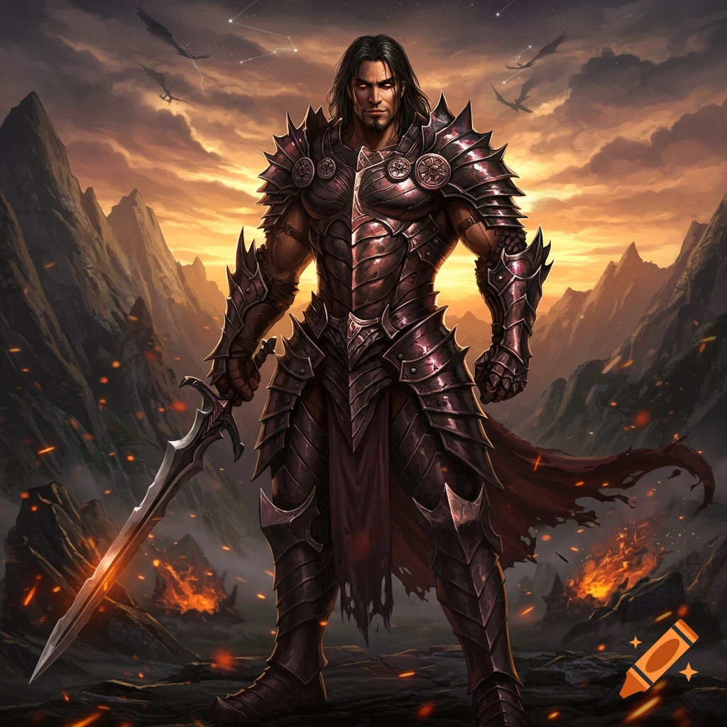 Muscular dark-haired fantasy warrior in spiked armor holding a glowing sword in a fiery, mountainous landscape.