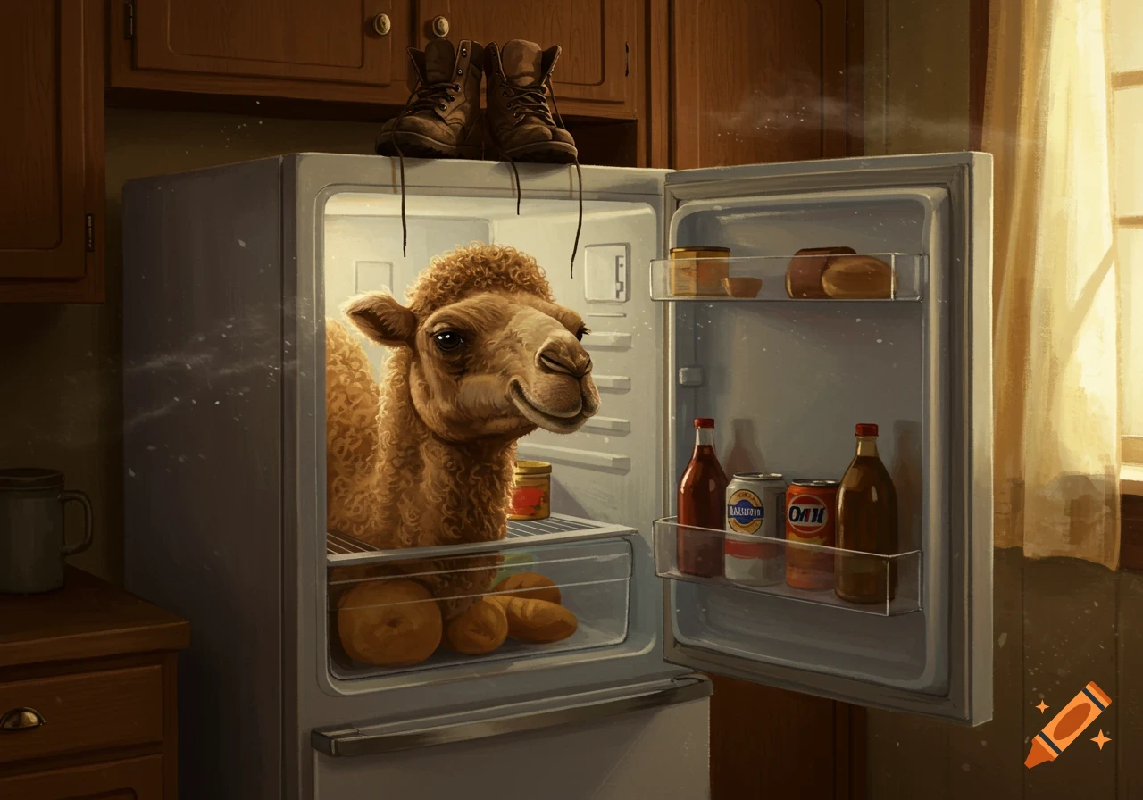 A smiling camel's head peeks out of a refrigerator in a kitchen, with brown boots sitting on top of the fridge.
