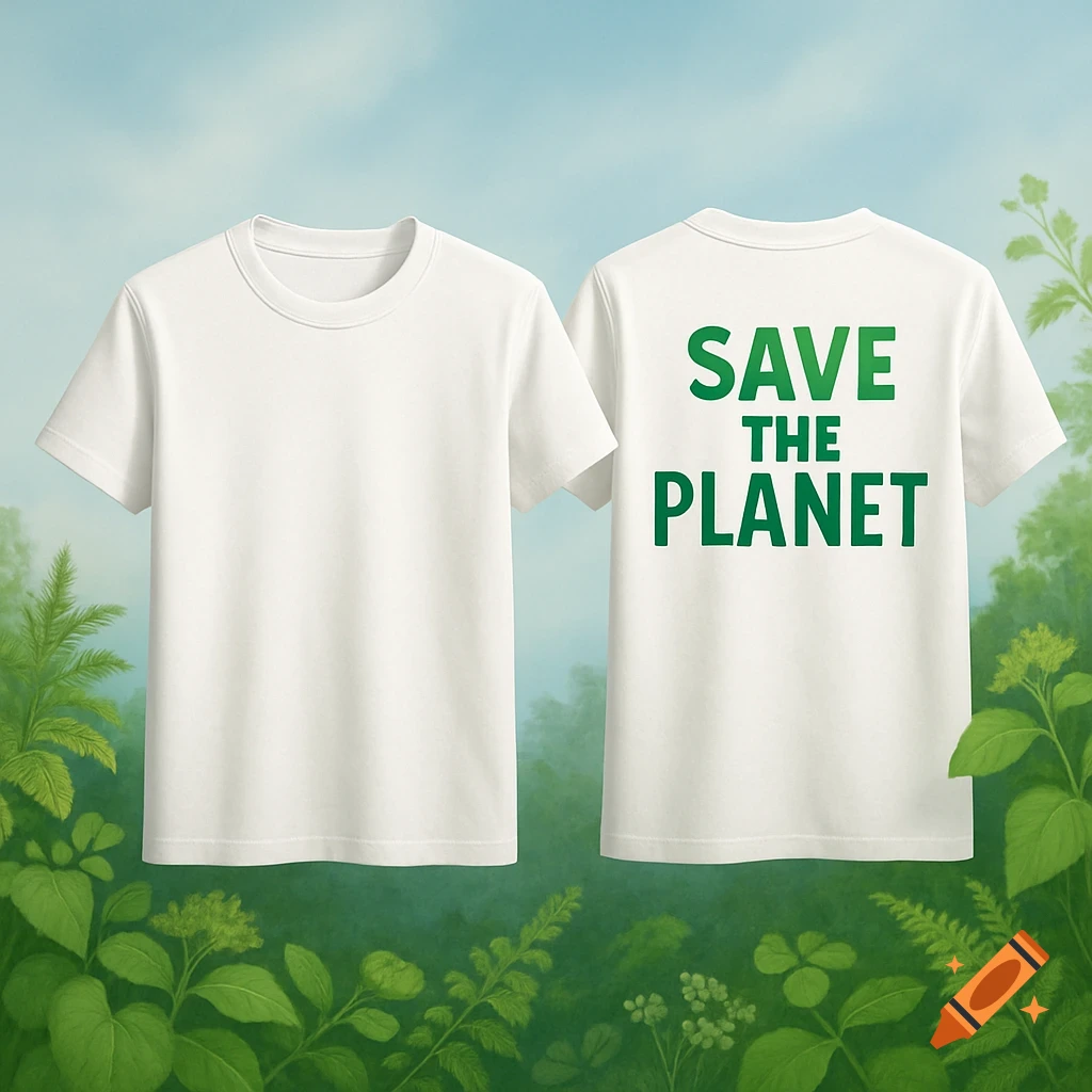Two white t-shirts, front and back view, against a lush green nature background. The back of one shirt reads 'SAVE THE PLANET' in green.