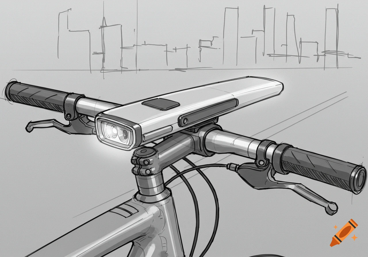 A detailed sketch of a bicycle handlebar with a sleek, modern bike light and storage unit, cityscape background.