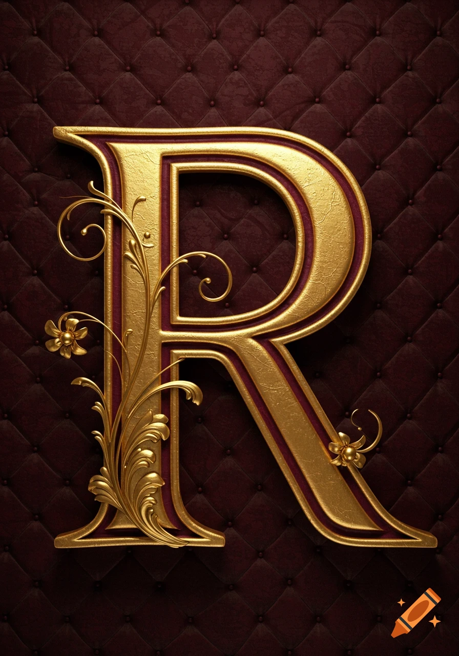 Ornate gold letter R with floral accents against a deep red quilted background.