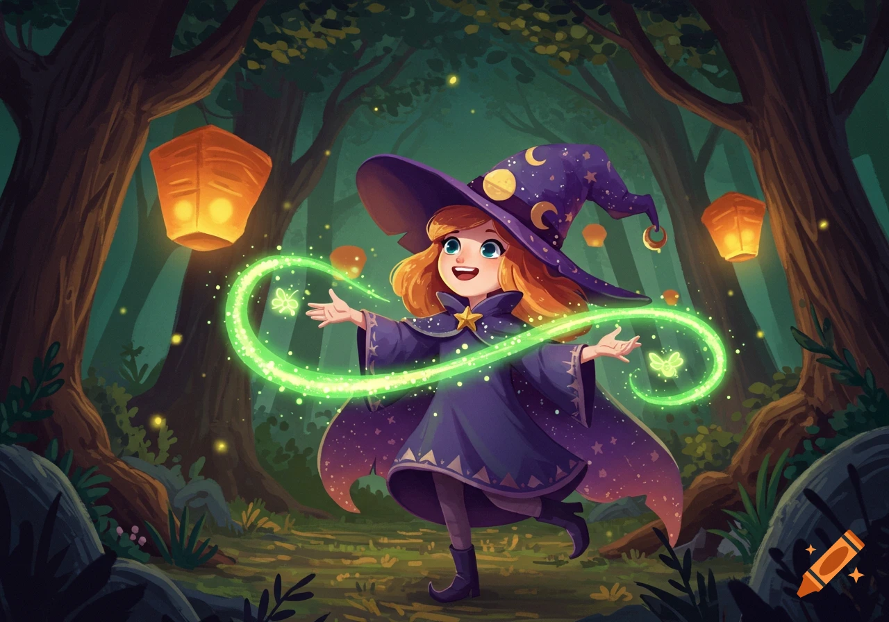 Happy red-haired cartoon witch in a forest, casting a spell with green glowing magic and butterflies, surrounded by lanterns.