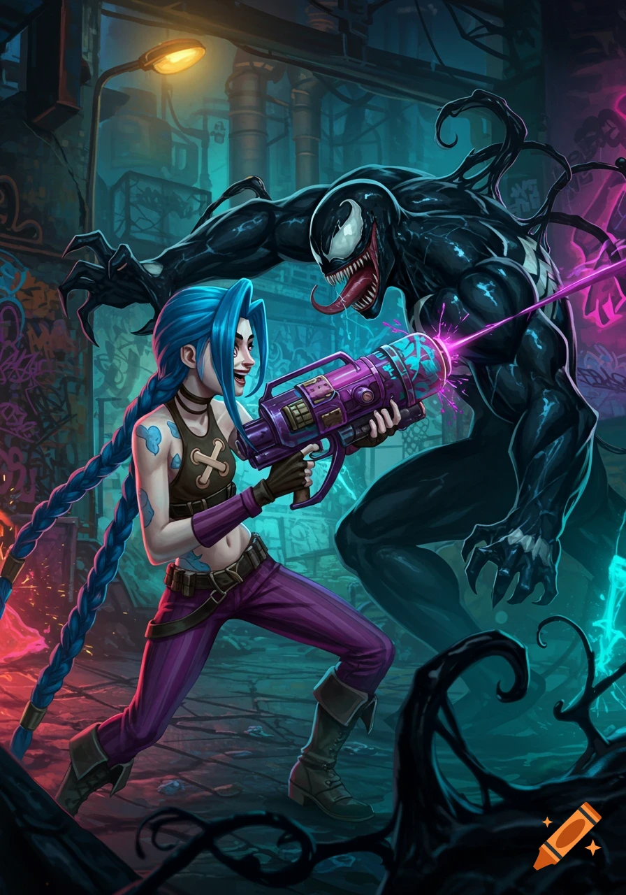 Jinx from Arcane aims a laser gun at Venom in a dark, graffiti-covered urban setting, comic book art style.