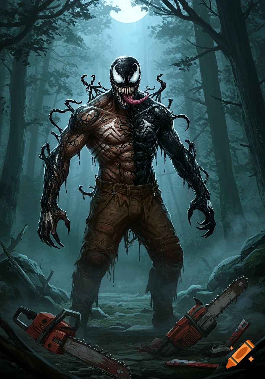 A monstrous Venom-symbiote Hillbilly stands menacingly in a dark, misty forest under a full moon, chainsaws lying on the ground, in a comic book art style.