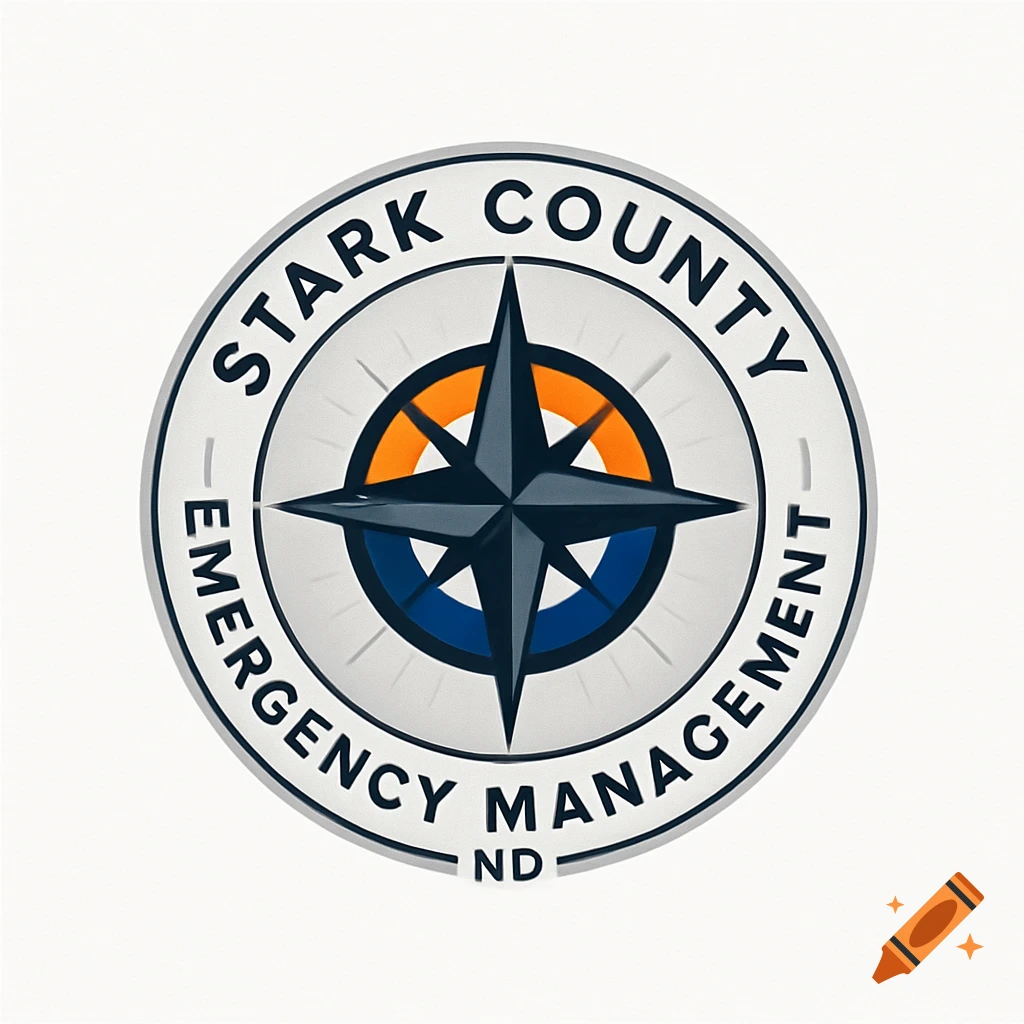 A circular logo for Stark County Emergency Management ND featuring a compass rose design in blue and orange.