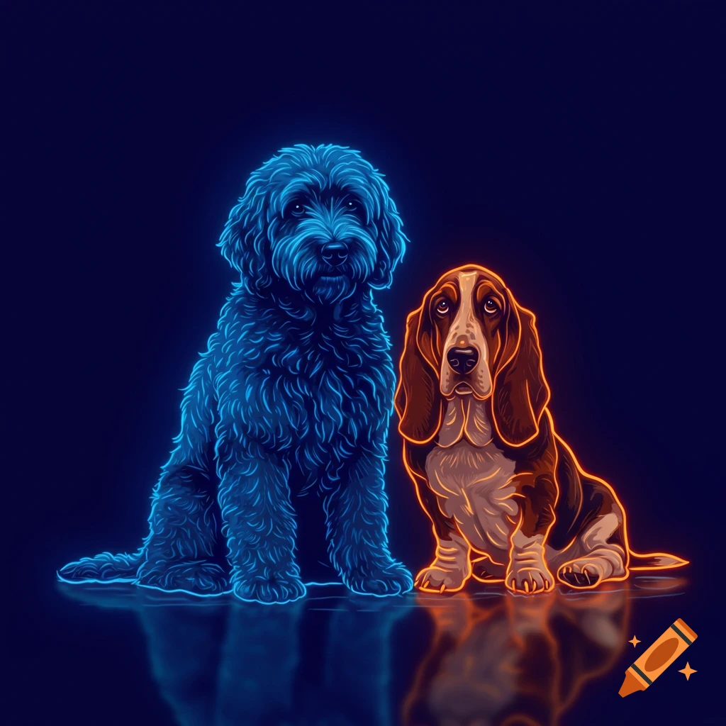 A blue neon outline goldendoodle sits next to an orange neon outline basset hound on a reflective surface.