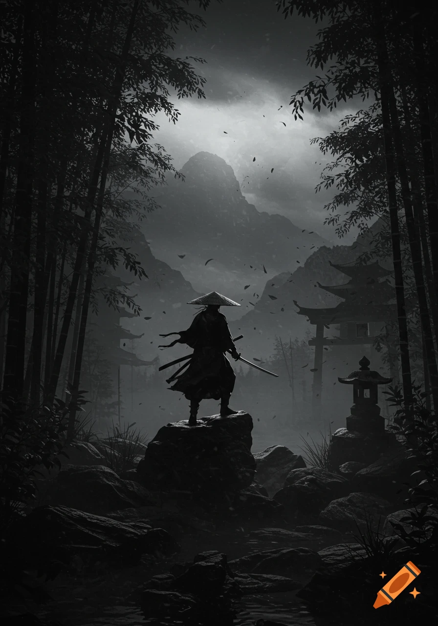 A lone samurai with a katana stands on a rock in a dark, misty black and white Japanese bamboo forest with mountains and a torii gate.