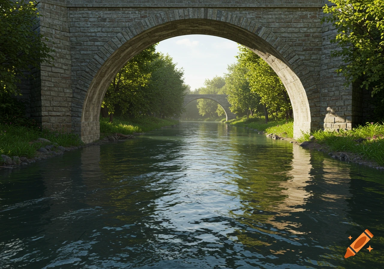 Photorealistic image of a river flowing under a stone arch bridge with trees on its banks, and another bridge in the distance.