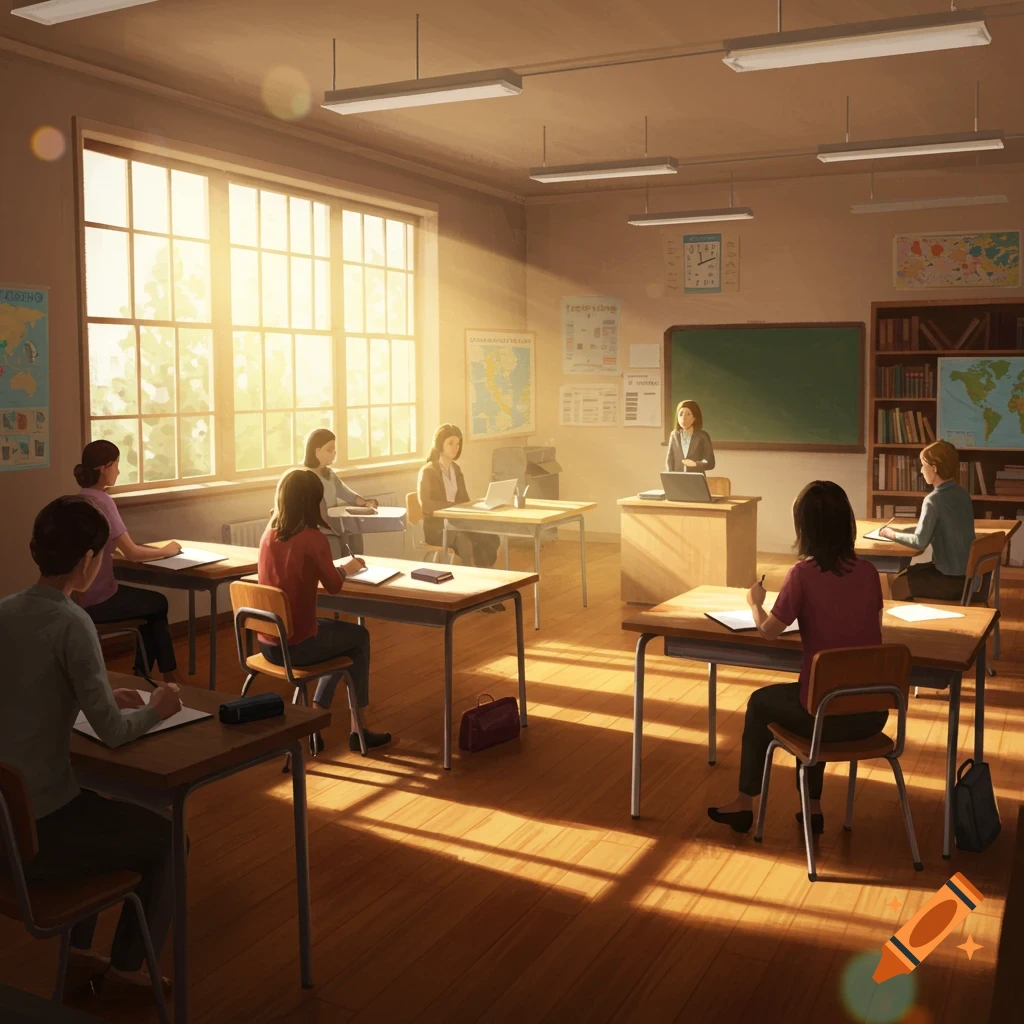 Students and a teacher in a sunlit classroom, with maps on the walls and warm light streaming through large windows.