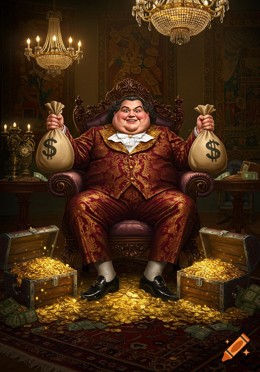 A portly, smiling man in a lavish red and gold suit sits on a throne, holding two money bags with dollar signs, surrounded by gold coins.