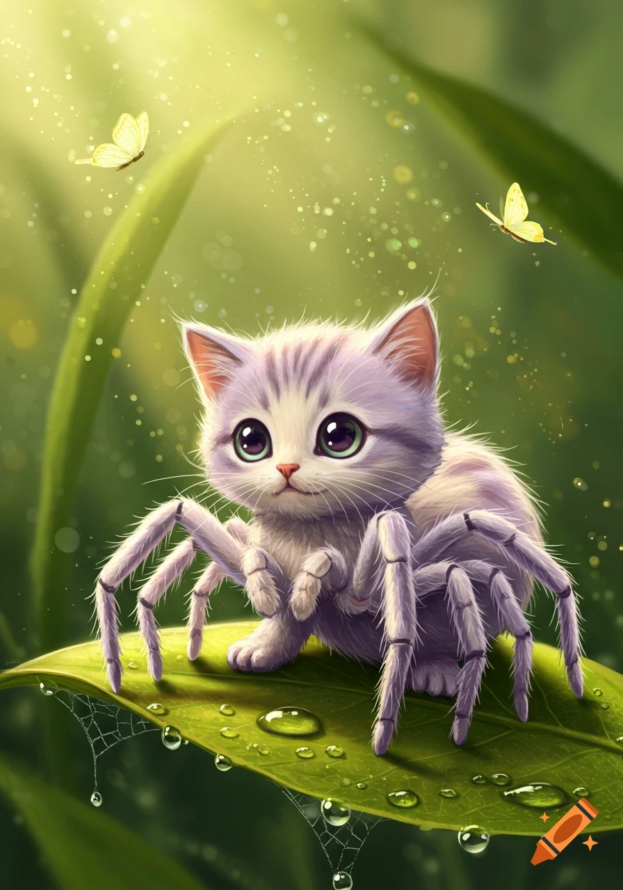 A cute, fluffy grey and white cat-spider hybrid with big green eyes sits on a dewy green leaf, two yellow butterflies fly overhead in bright sunlight.