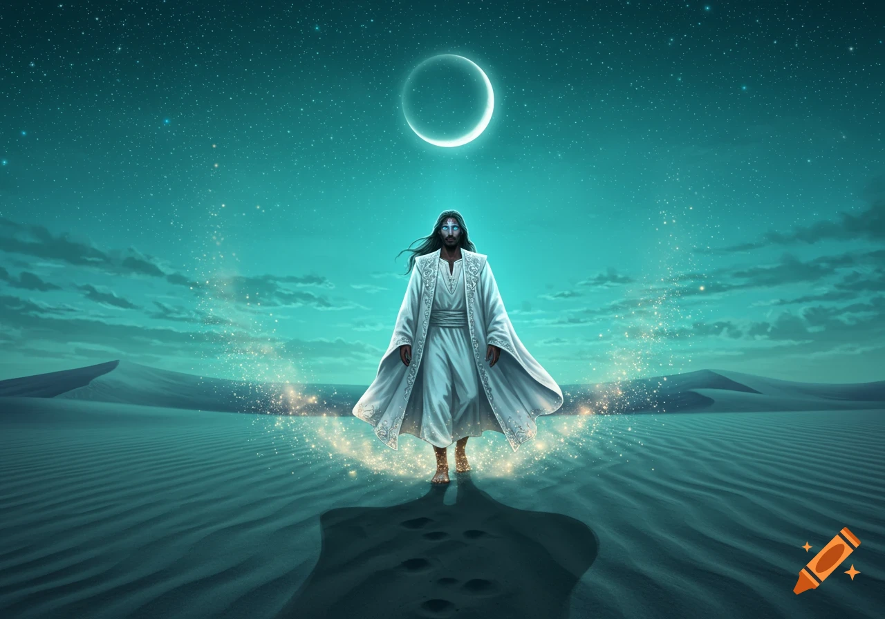 A man in a white robe with glowing eyes walks barefoot through a desert at night, surrounded by sparkling light under a crescent moon.