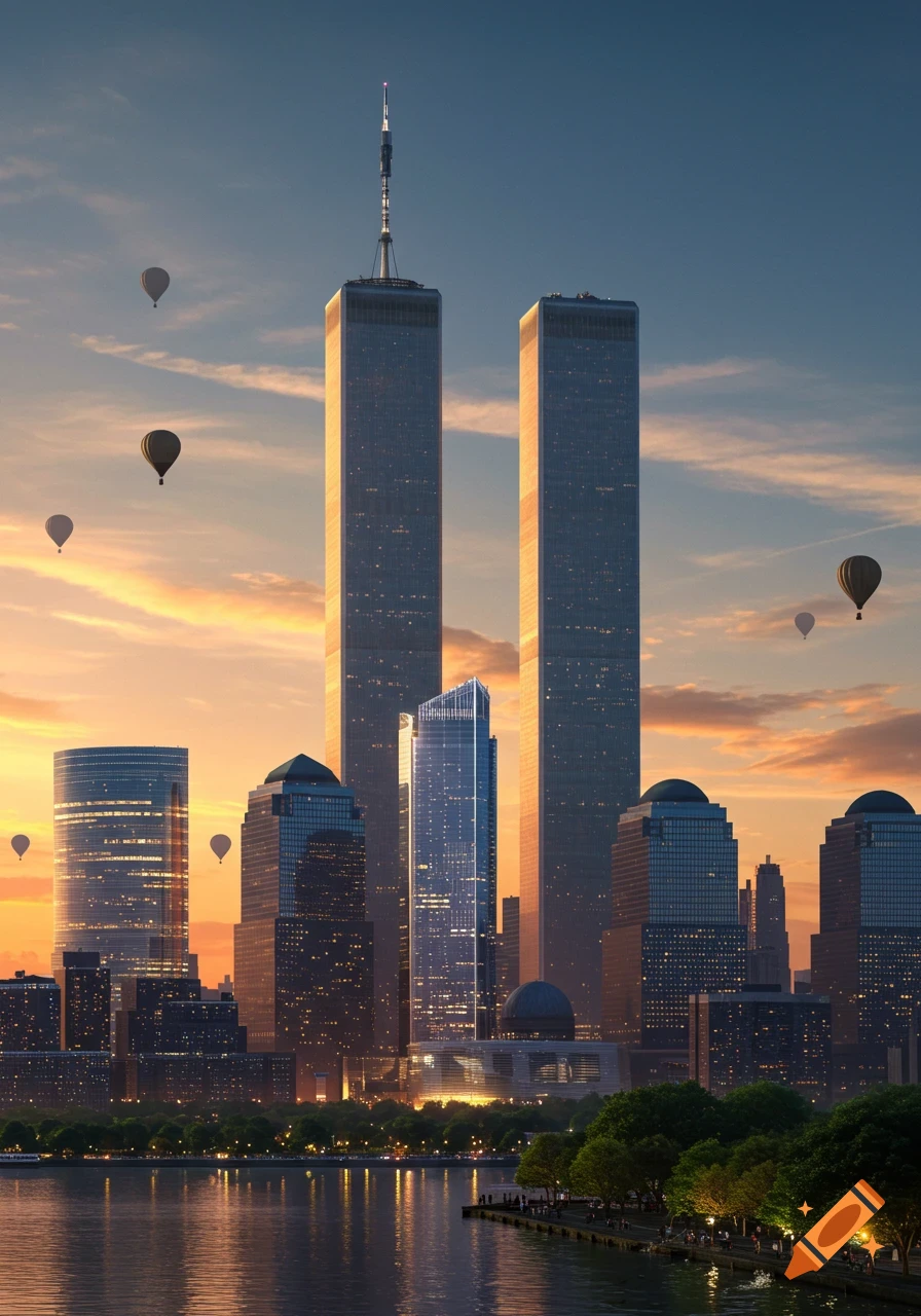 Photorealistic cityscape with the Twin Towers and One World Trade Center at sunset, hot air balloons, and reflections on the water.