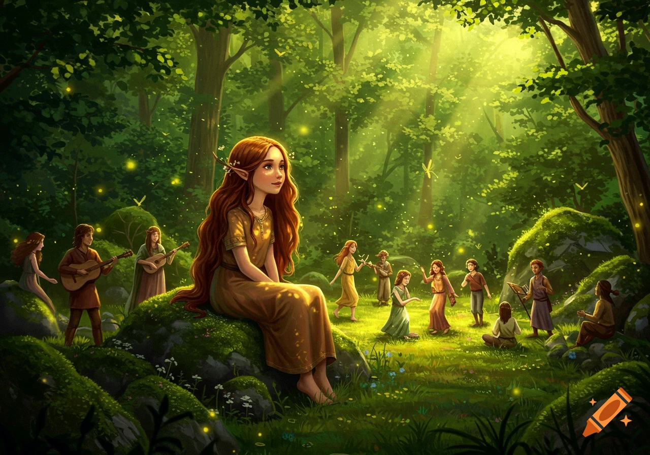 Red-haired elf girl on a mossy rock in a sunlit magical forest, surrounded by other elves playing music and dancing.