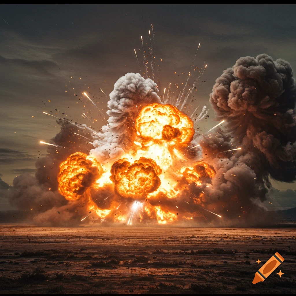 Photorealistic image of a huge explosion with orange flames and dark smoke billowing from a barren landscape.