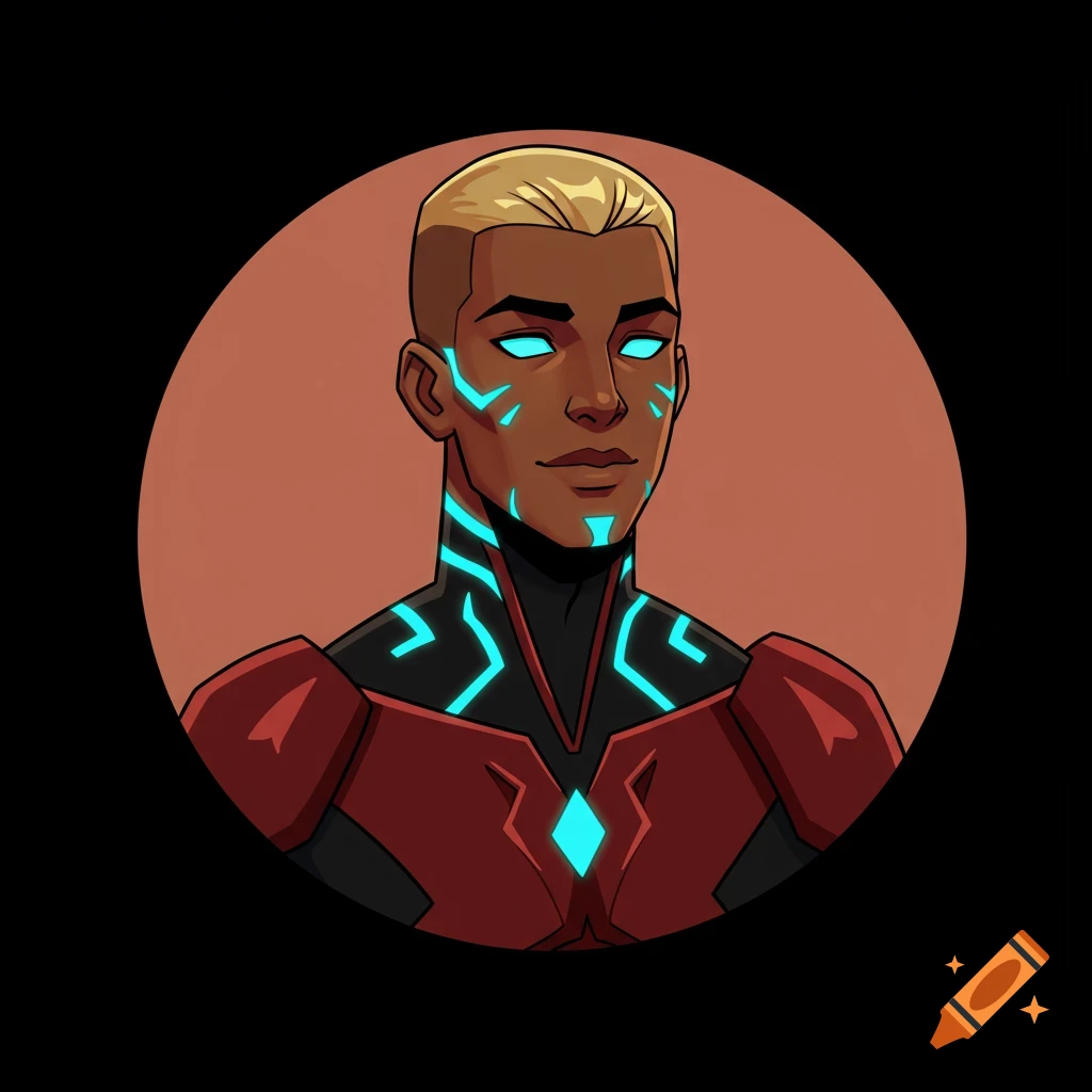 Digital portrait of Aqualad with dark skin, blonde buzz cut, and glowing blue face tattoos, wearing red and black armor in a circle frame, animated style.