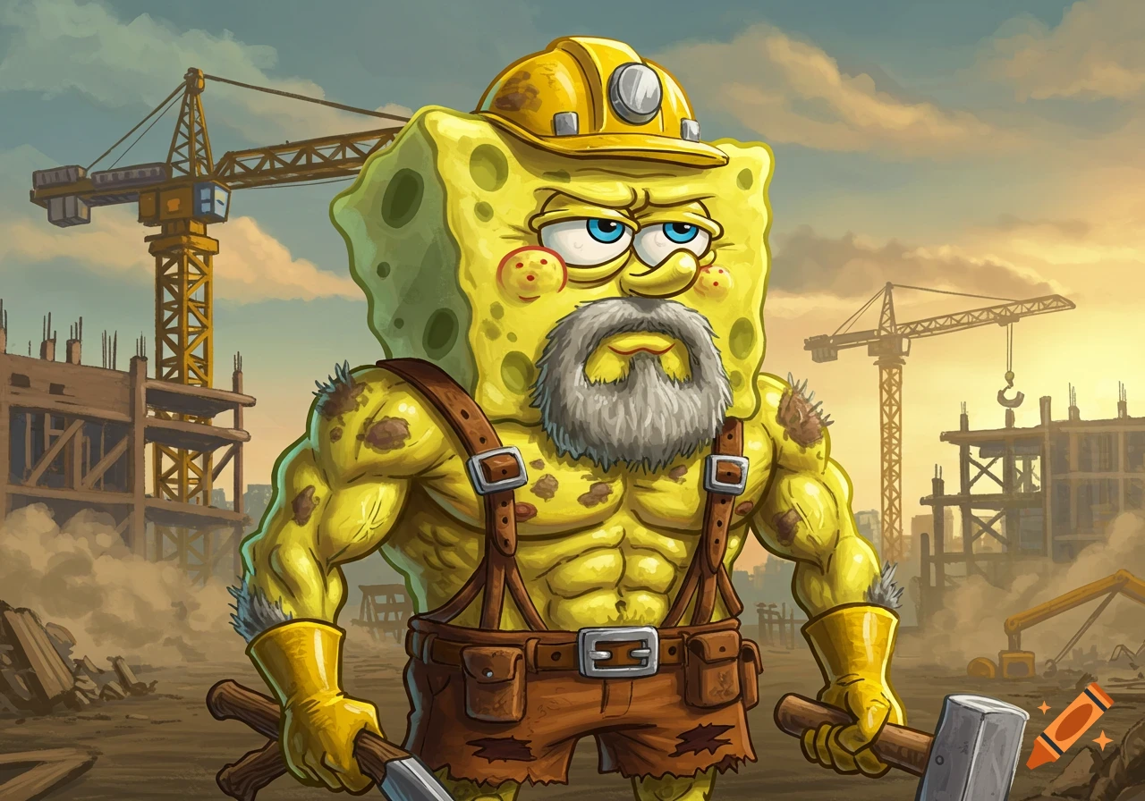 Muscular, tired, and dirty Spongebob with a grey beard, wearing a hard hat and overalls, holding tools in a gritty construction zone.