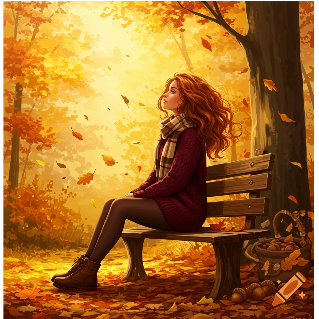 Digital illustration of a woman with red hair sitting on a bench in a vibrant autumn forest, looking up as leaves fall.