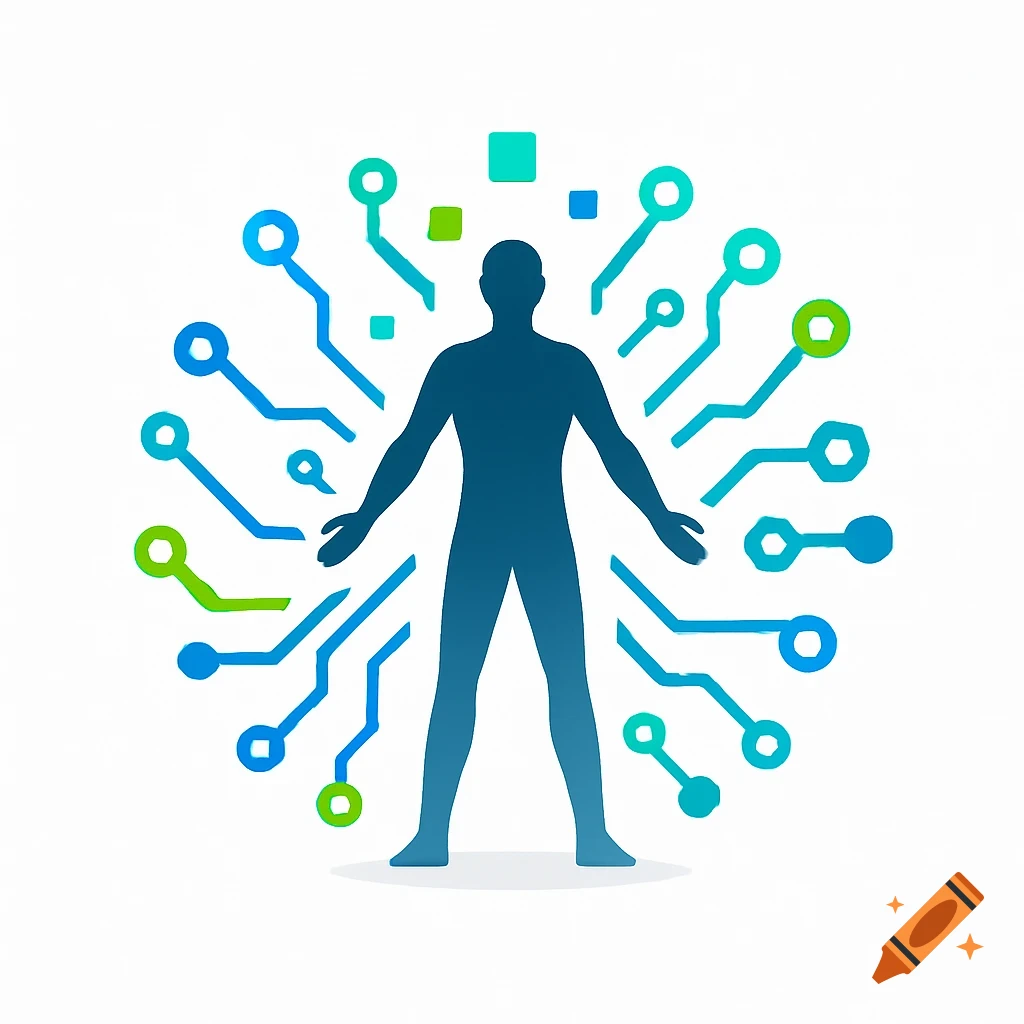 Blue silhouette of a person surrounded by abstract blue and green circuit board patterns on a white background, symbolizing technology.