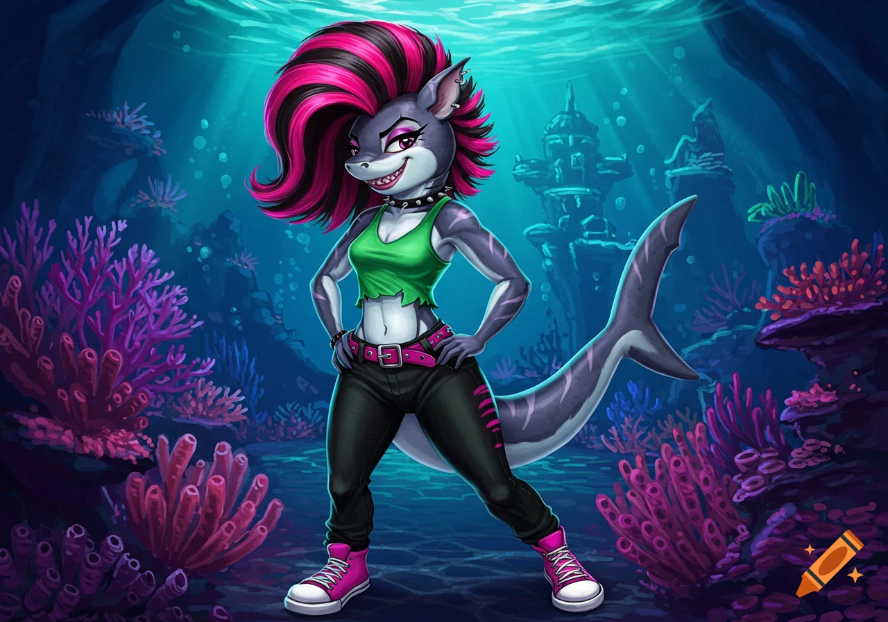 Cartoon anthropomorphic shark with a pink and black mohawk, green top, black pants, and pink sneakers, standing underwater amidst coral.
