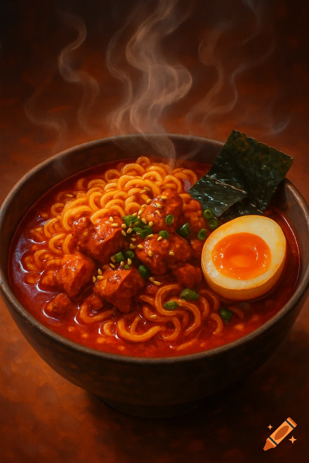Steaming bowl of red ramen with curly noodles, chicken, sesame seeds, green onions, soft-boiled egg, and nori. Photorealistic.