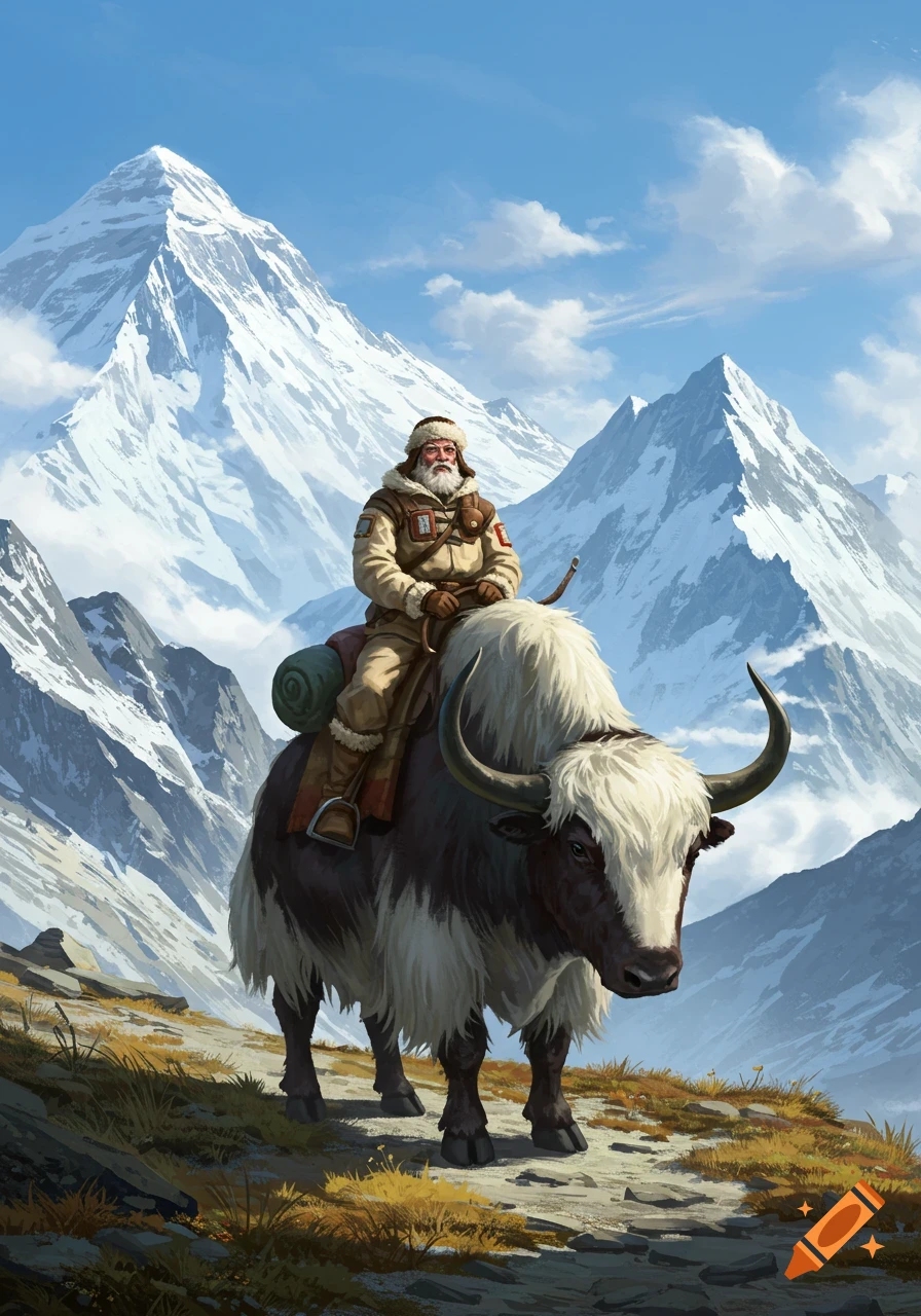 An illustrated old man with a white beard rides a yak along a mountain path with snowy peaks under a blue sky.