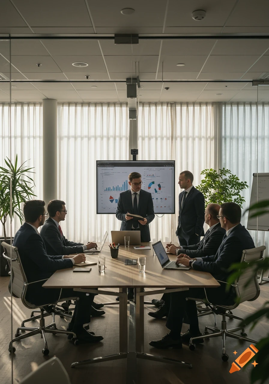 Men in suits attend a business meeting in a modern office, one man presenting data on a large screen.