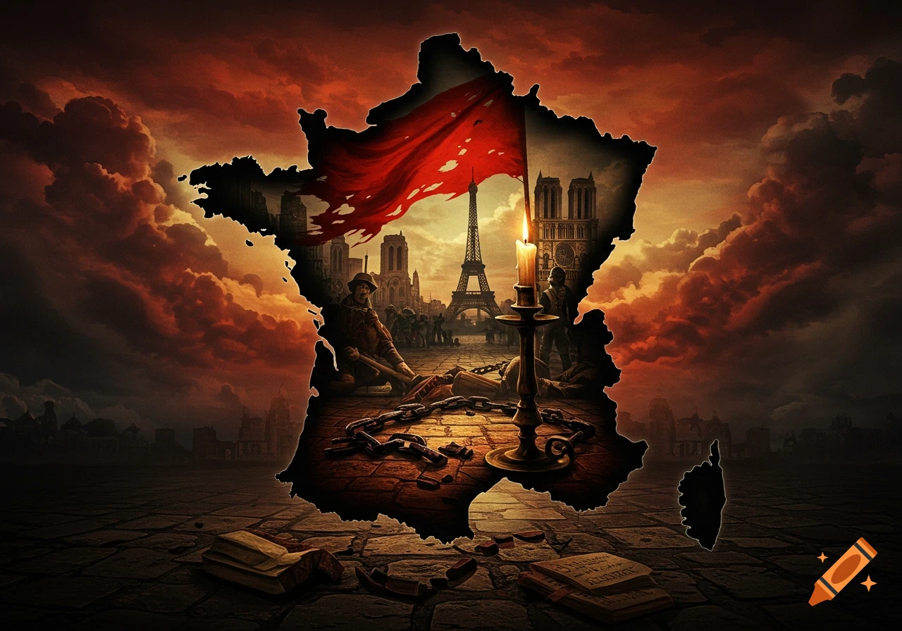 Symbolic, dramatic image: France's outline frames a Paris skyline, red flag, figures with broken chains, and a candle under a stormy sky.
