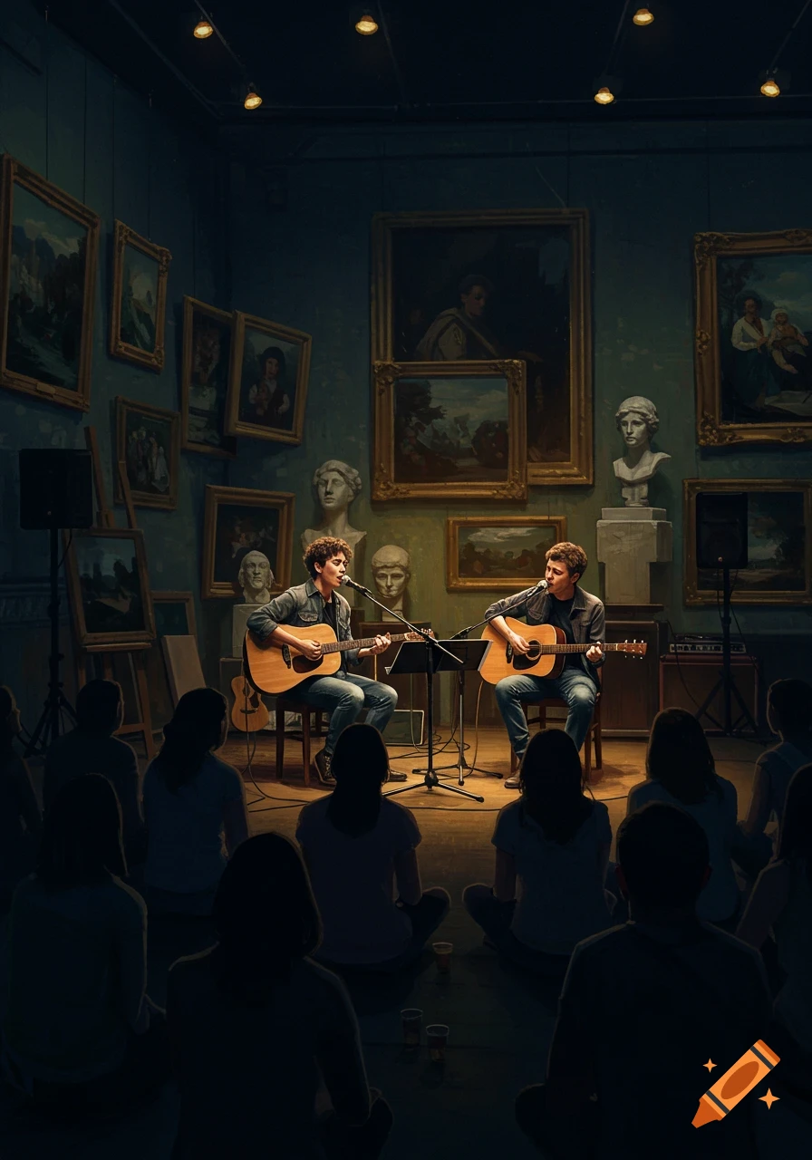 Two musicians perform an intimate acoustic gig in a dimly lit art gallery, with a small audience seated on the floor.