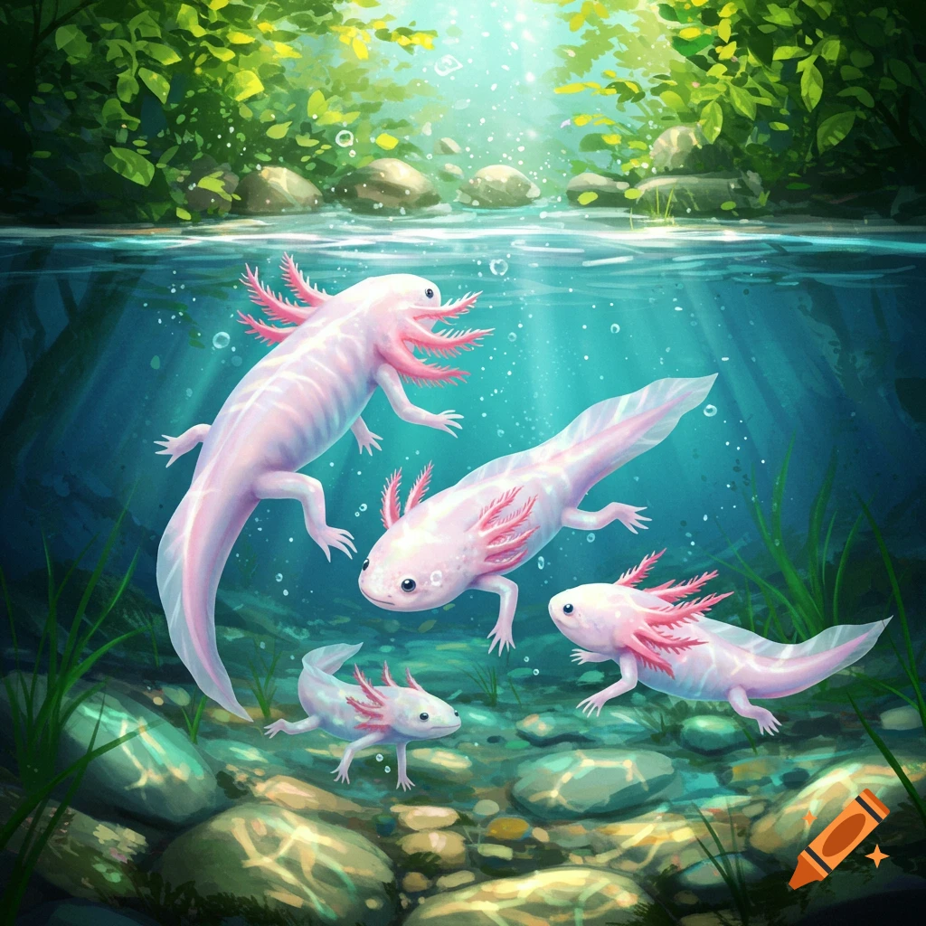 Four pink axolotls swim in clear blue water with sunlight streaming from green trees above, illuminating rocks and plants.