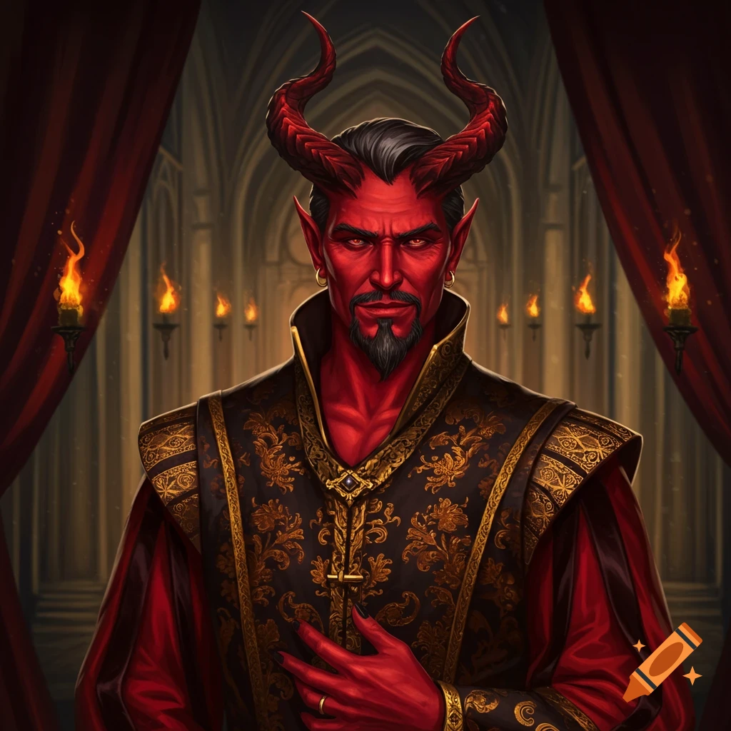 Handsome red devil with large red horns, black goatee, and gold earrings, wearing a fancy black and gold doublet, in a grand hall.