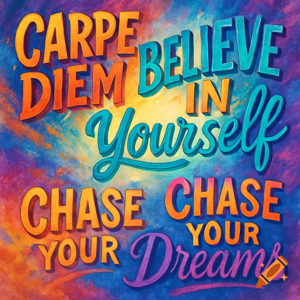 Colorful hand-lettered motivational phrases "Carpe Diem", "Believe in Yourself", "Chase Your Dreams" on a vibrant abstract background.