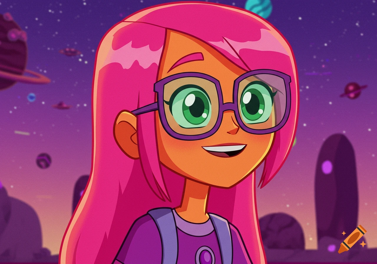 Cartoon girl with pink hair, orange skin, and large glasses, smiling against a vibrant purple space background with planets and stars.