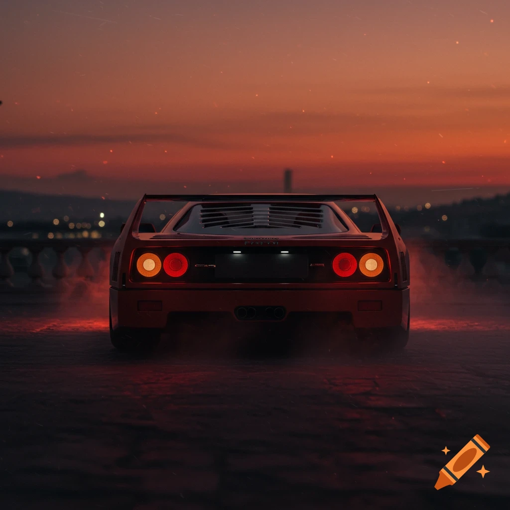 Rear view of a red Ferrari F40 with glowing taillights, against a fiery sunset sky with atmospheric haze.
